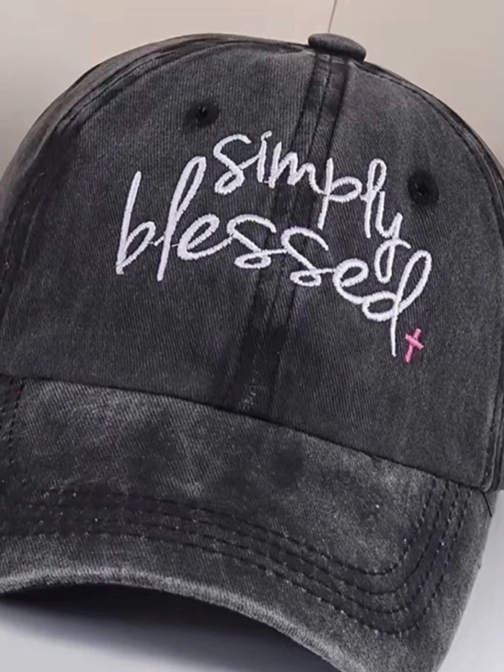 CC Boutique Black 'Simply Blessed' Embroidered Cap with Pink Cross